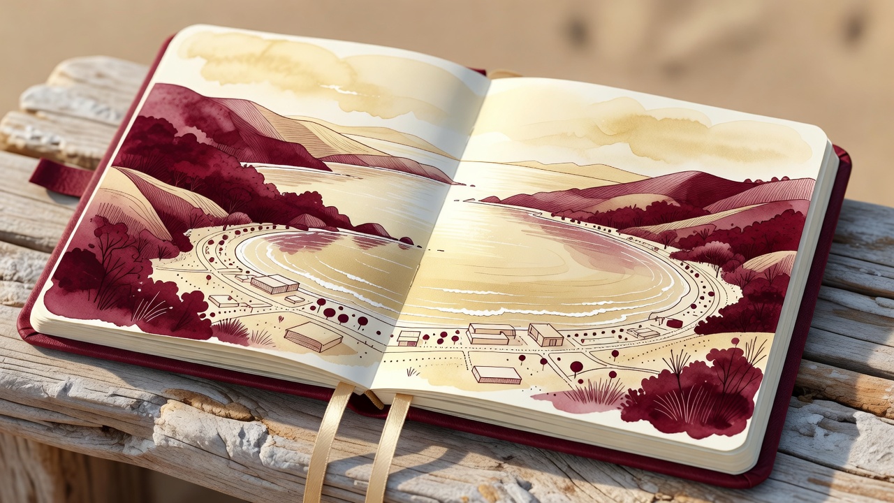 Illustrated coastal planning notebook beside a stylised bay in burgundy and champagne