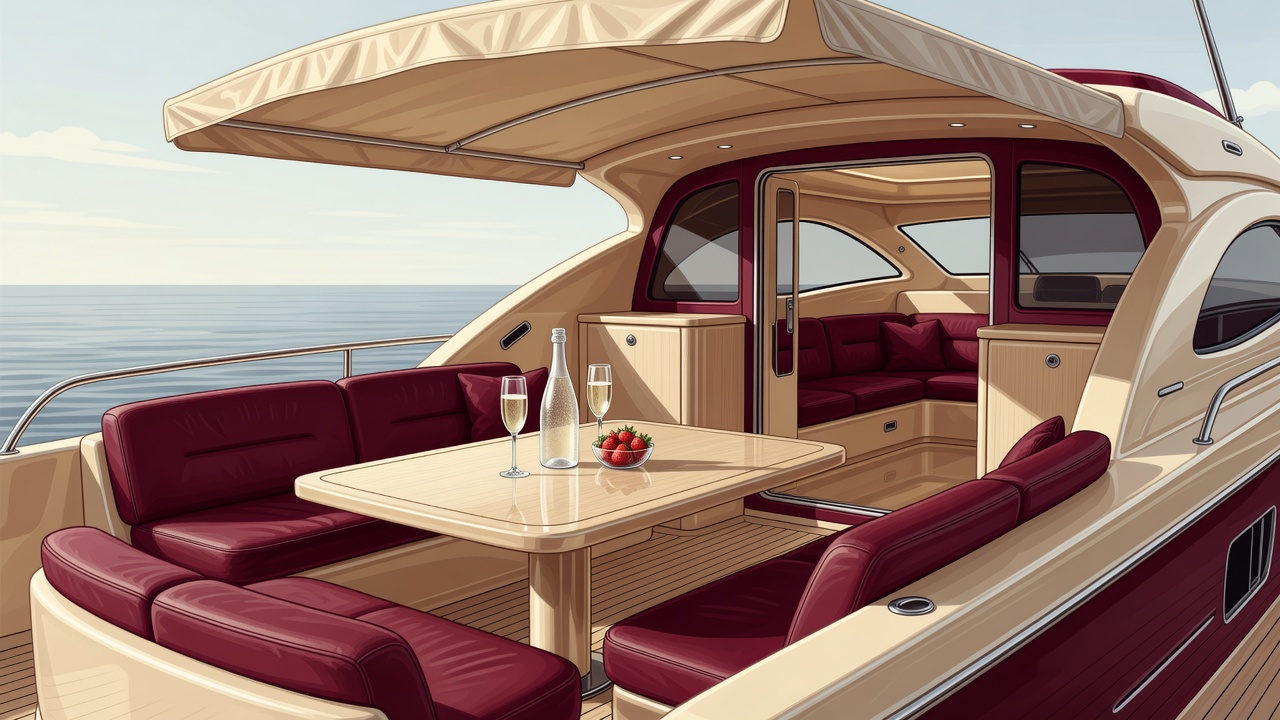 Champagne and burgundy yacht illustration showing a shaded deck table and a comfortable cabin