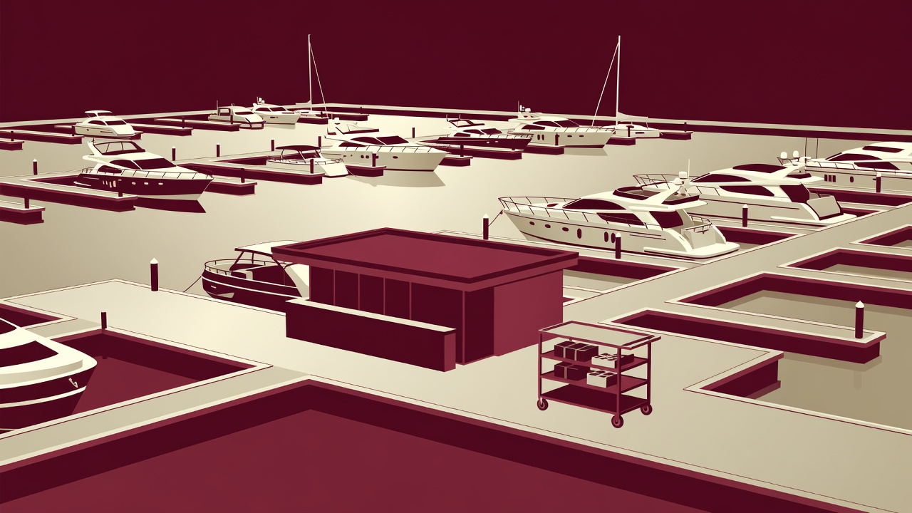 Flat burgundy and champagne marina illustration with berth rows, reception and a provision trolley