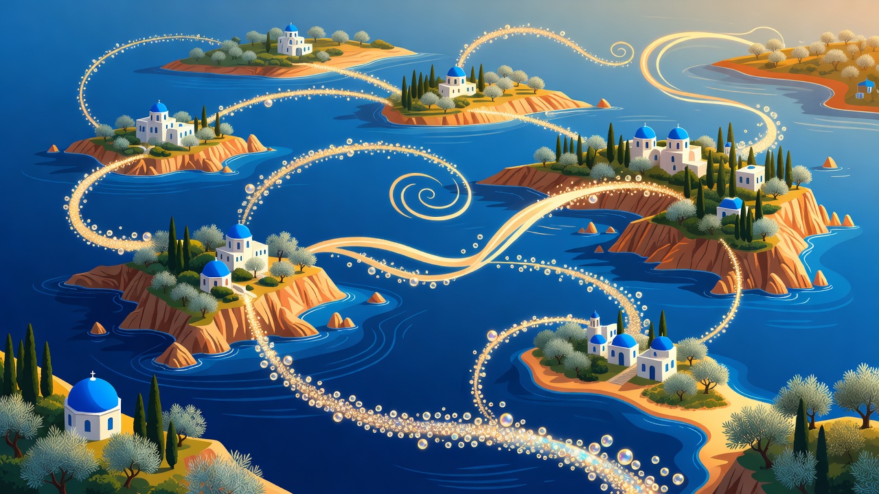 Stylised Mediterranean island groups connected by champagne route marks, conceptual and not suitable for navigation