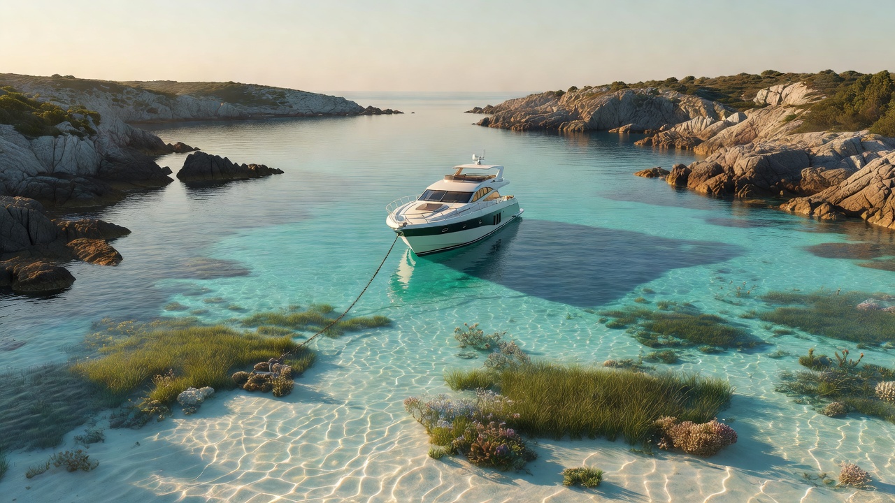 Conceptual anchorage illustration with a yacht, surrounding headlands and protected seabed areas