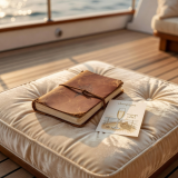 Illustrated voyage notebook beside a champagne-coloured deck cushion